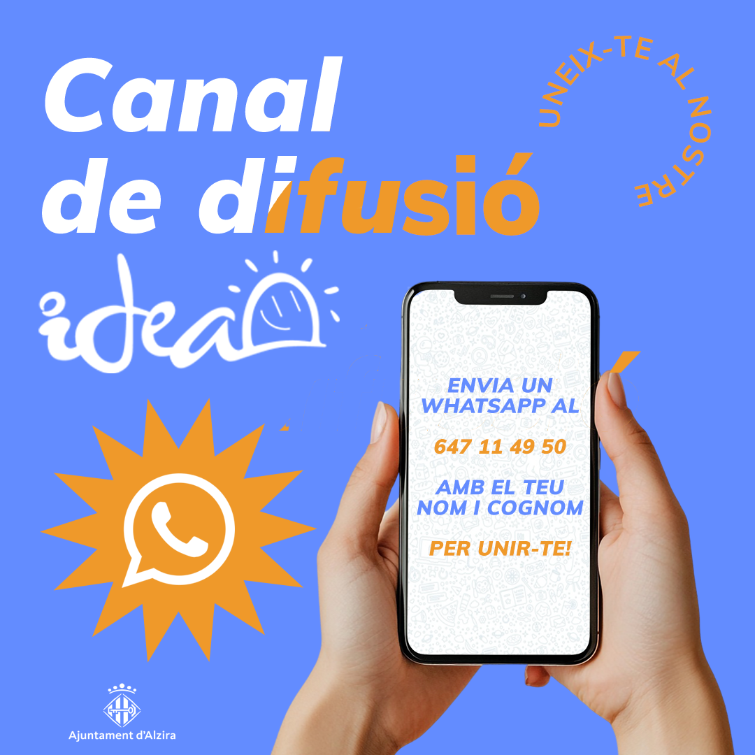   Rep les novetats d'IDEA en la teua WhatsApp   T'agradaria ser el primer en conéixer les ofertes de treball, cursos de formació, ajudes, novetats i altres recursos d'interés?   Suma't al nostre WhatsApp i rep directament en el teu mòbil la informació més rellevant per a impulsar el teu futur.   Envia un WhatsApp amb el teu nom i cognom al 647 11 49 50